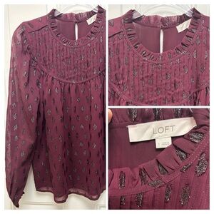LOFT Sheer Plum Long-Sleeve Blouse with Metallic Clip Dot Detail